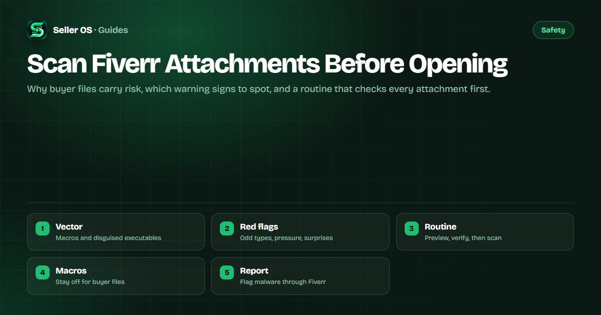 A magnifying glass over a Fiverr message attachment row, highlighting file type, size, and scan status before opening