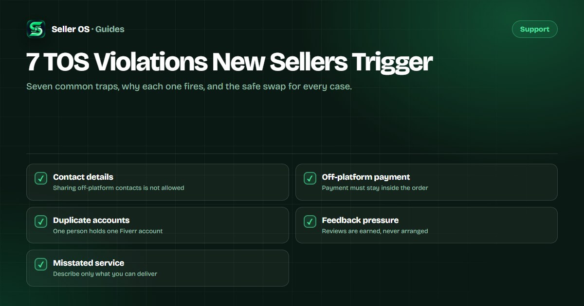 Checklist of seven Fiverr terms violations common among new sellers, each paired with a safe alternative