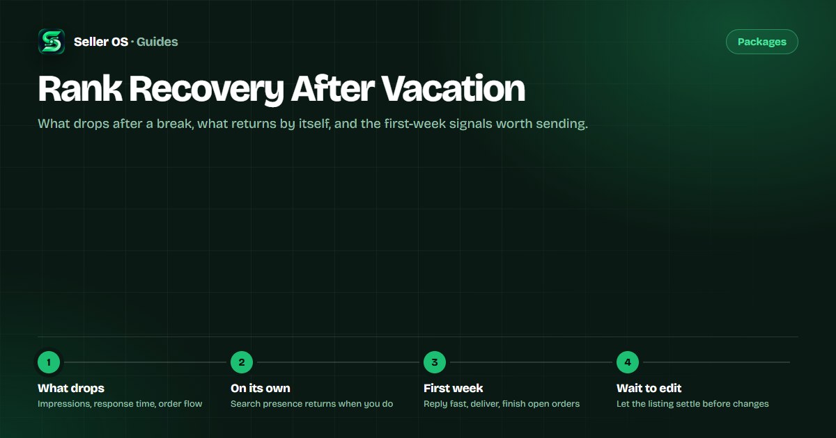 Return-from-vacation timeline for a Fiverr seller showing impressions, response time, and order flow recovering over four weeks